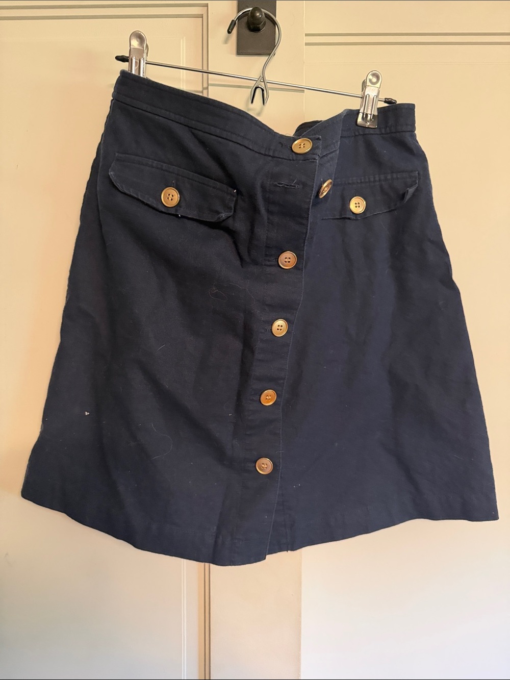 J Crew Button-Front Navy Cotton A-Line Skirt